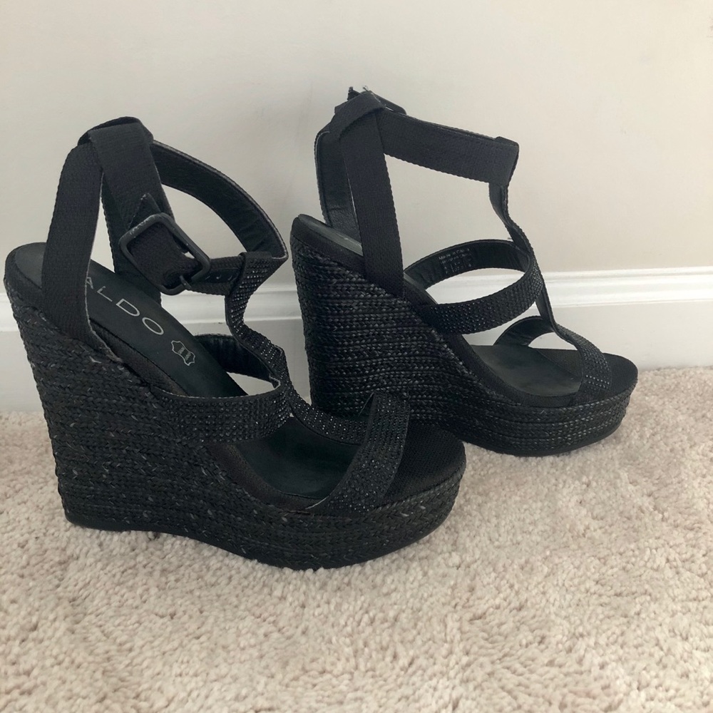 Black wedges with rhinestone detail